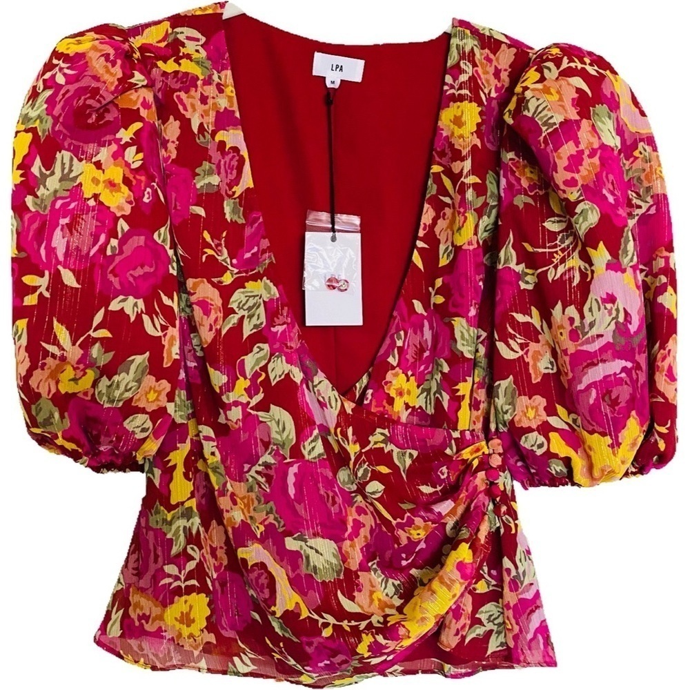LPA Pink Floral Blouse Puffer Sleeve Size M Summer Spring Cottage NWT $238
